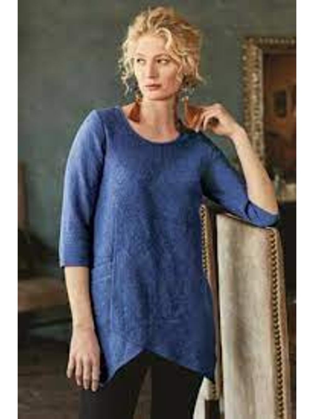 Soft Surroundings Rosabella Gauze Tunic Blue Jacquard Angled Hem Women Large